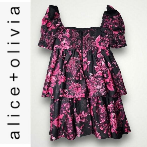 ALICE + OLIVIA EMMALOU FLORAL PRINT COTTON FAILLE MINI DRESS PINK BLACK MEDIUM 6 - Picture 9 of 14